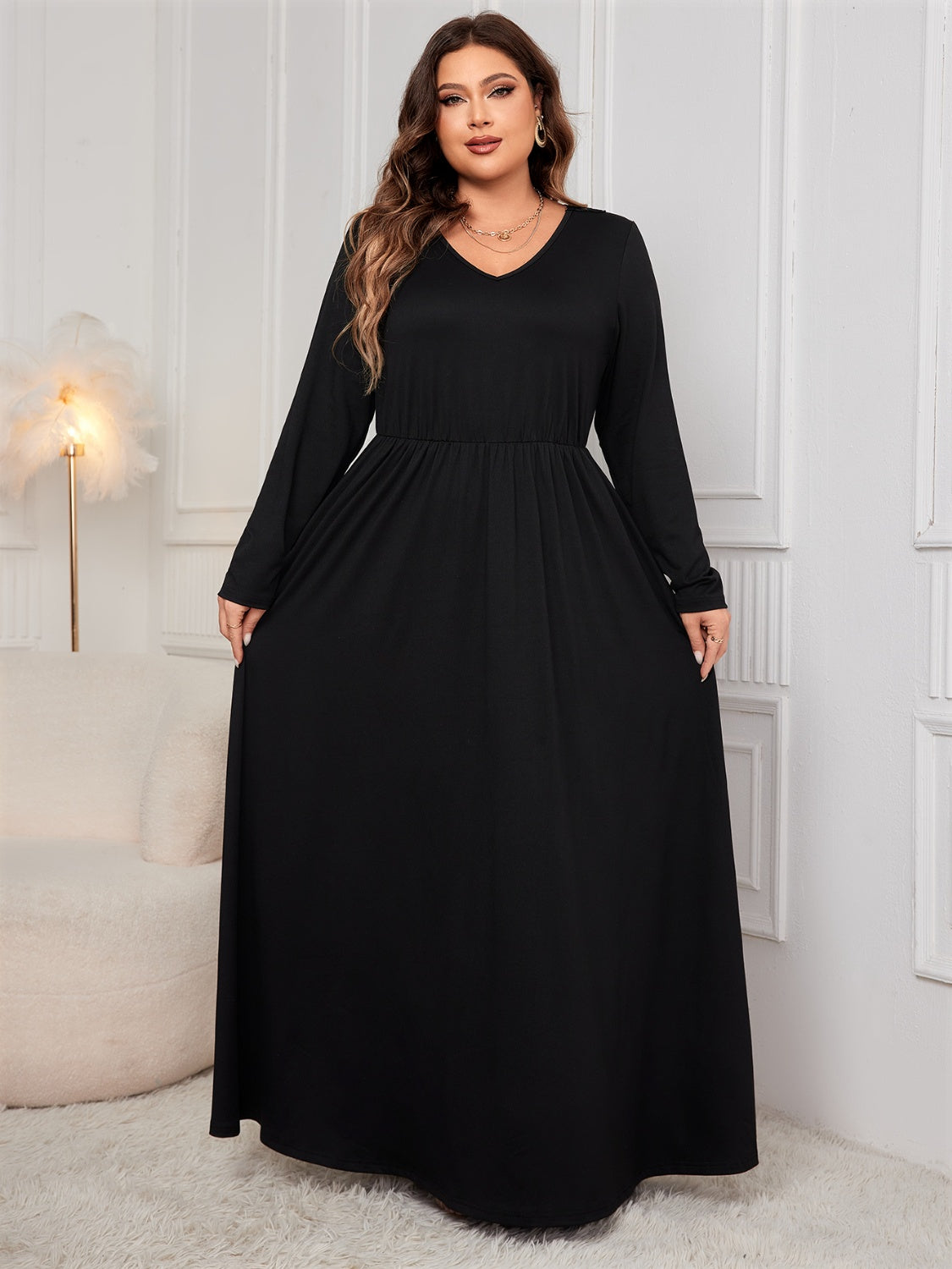 Cutout V-Neck Long Sleeve Maxi Dress