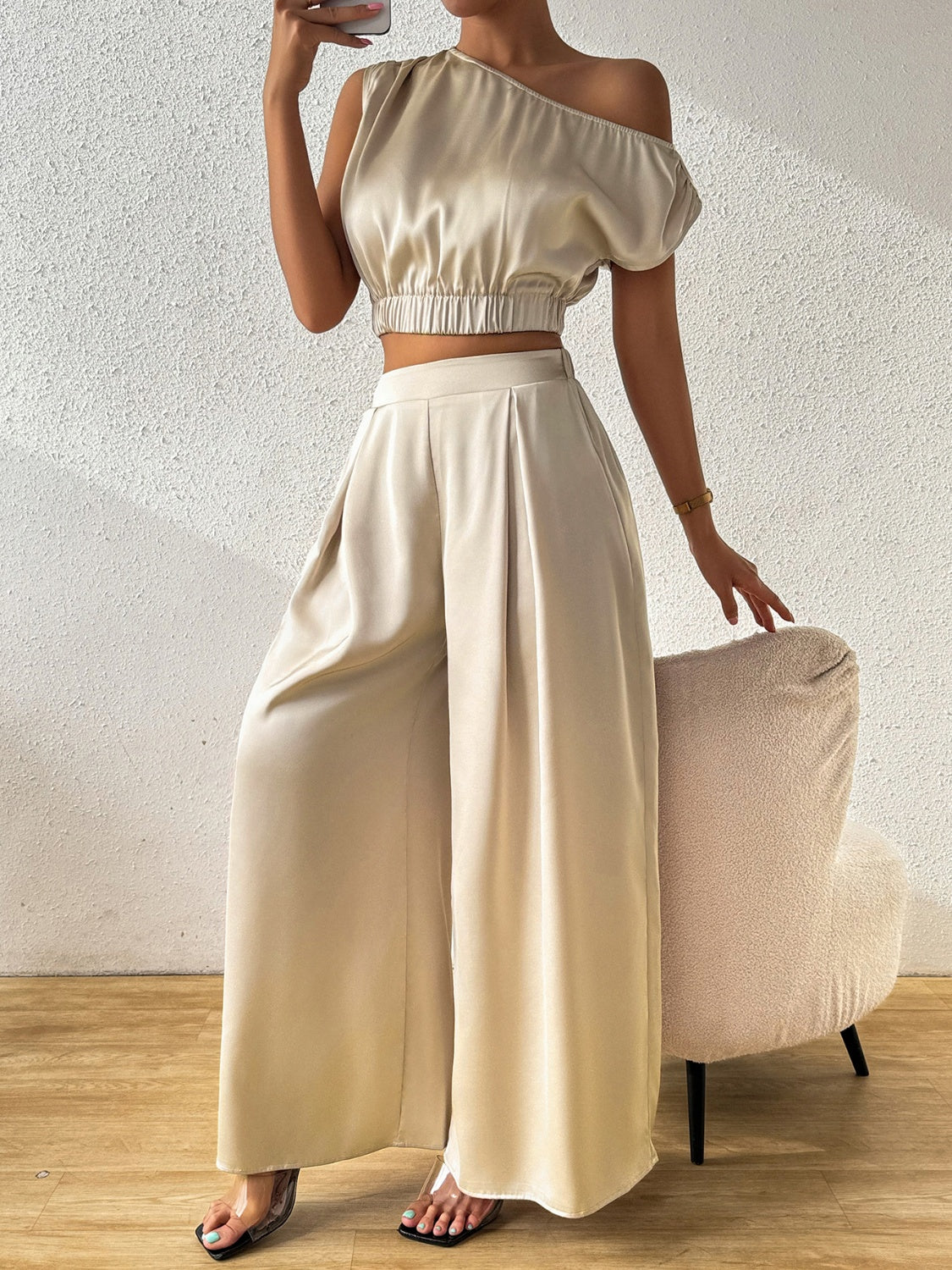 Honey One Shoulder Short Sleeve Top and Wide Leg Pants Set