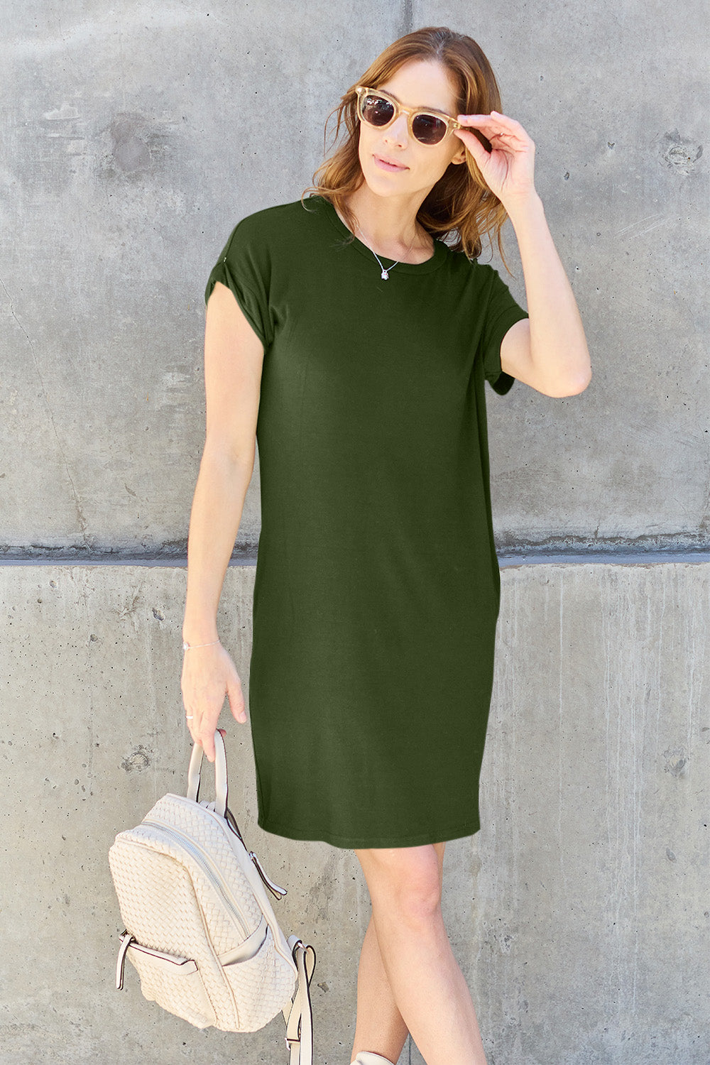 Neck Short Sleeve Dress with Pockets