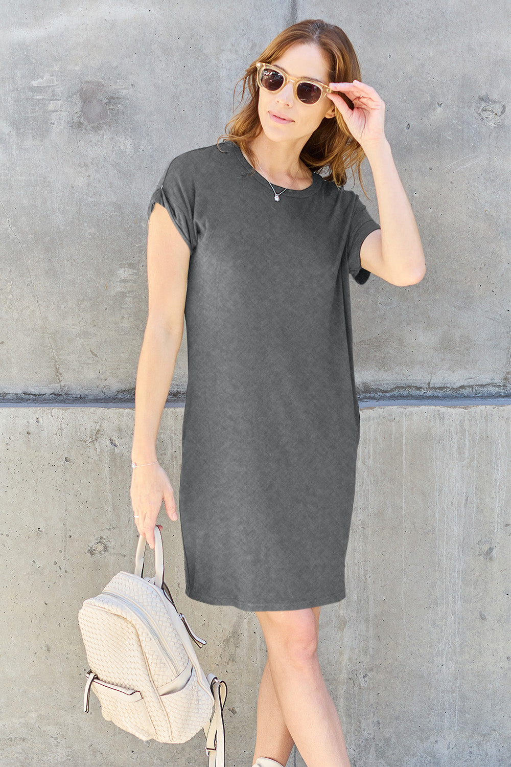 Neck Short Sleeve Dress with Pockets