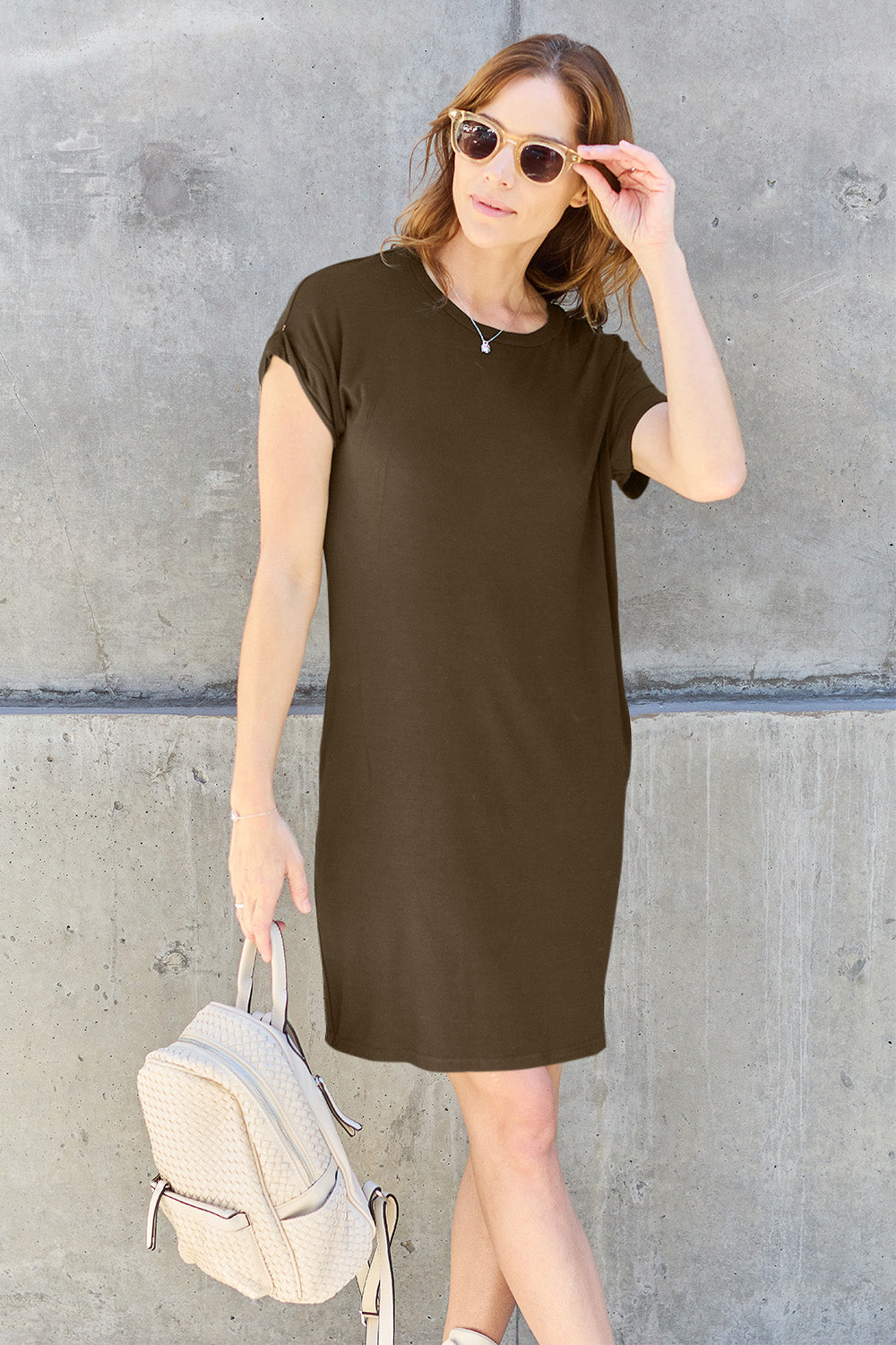 Neck Short Sleeve Dress with Pockets