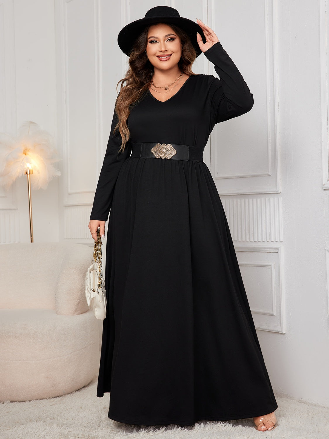 Cutout V-Neck Long Sleeve Maxi Dress