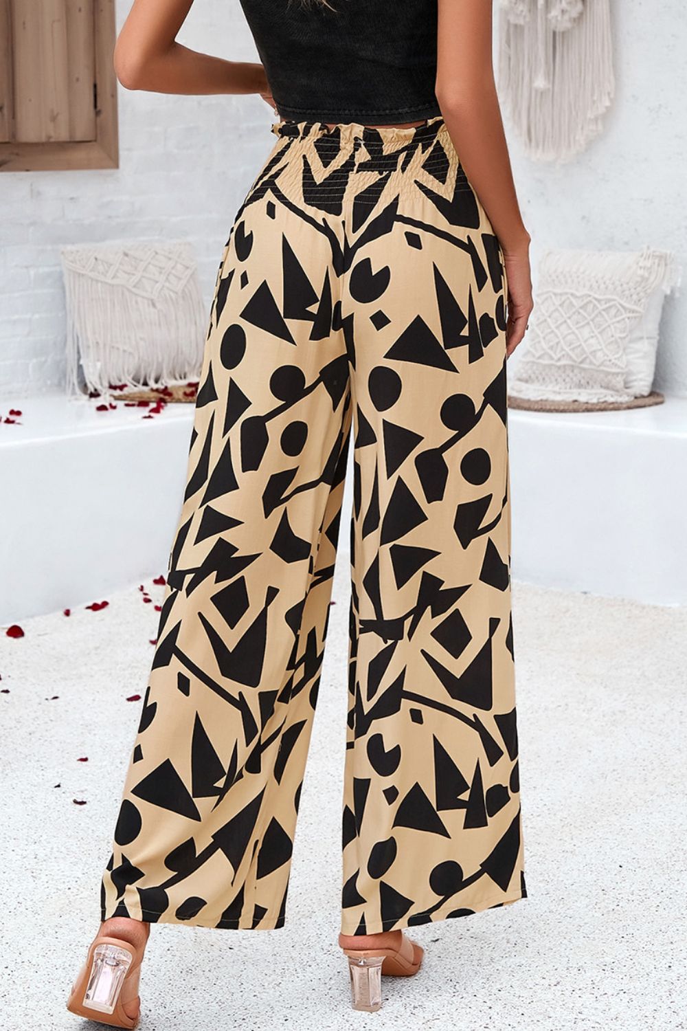 Devine Smocked Printed Wide Leg Pants with Pockets