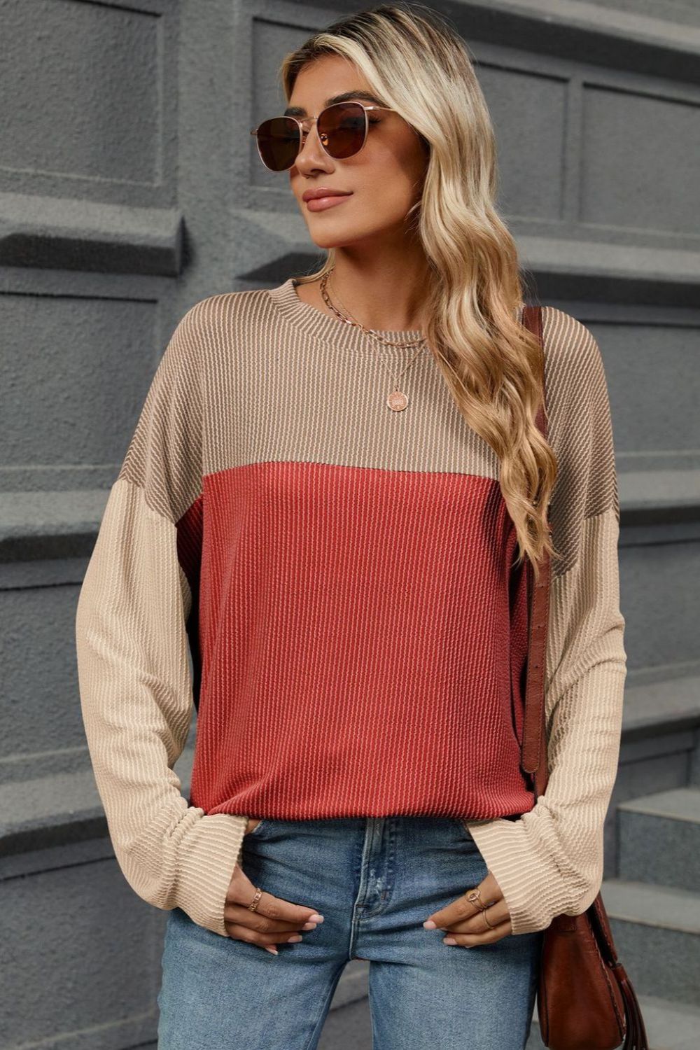 Double Take Contrast Round Neck Long Sleeve T-Shirt