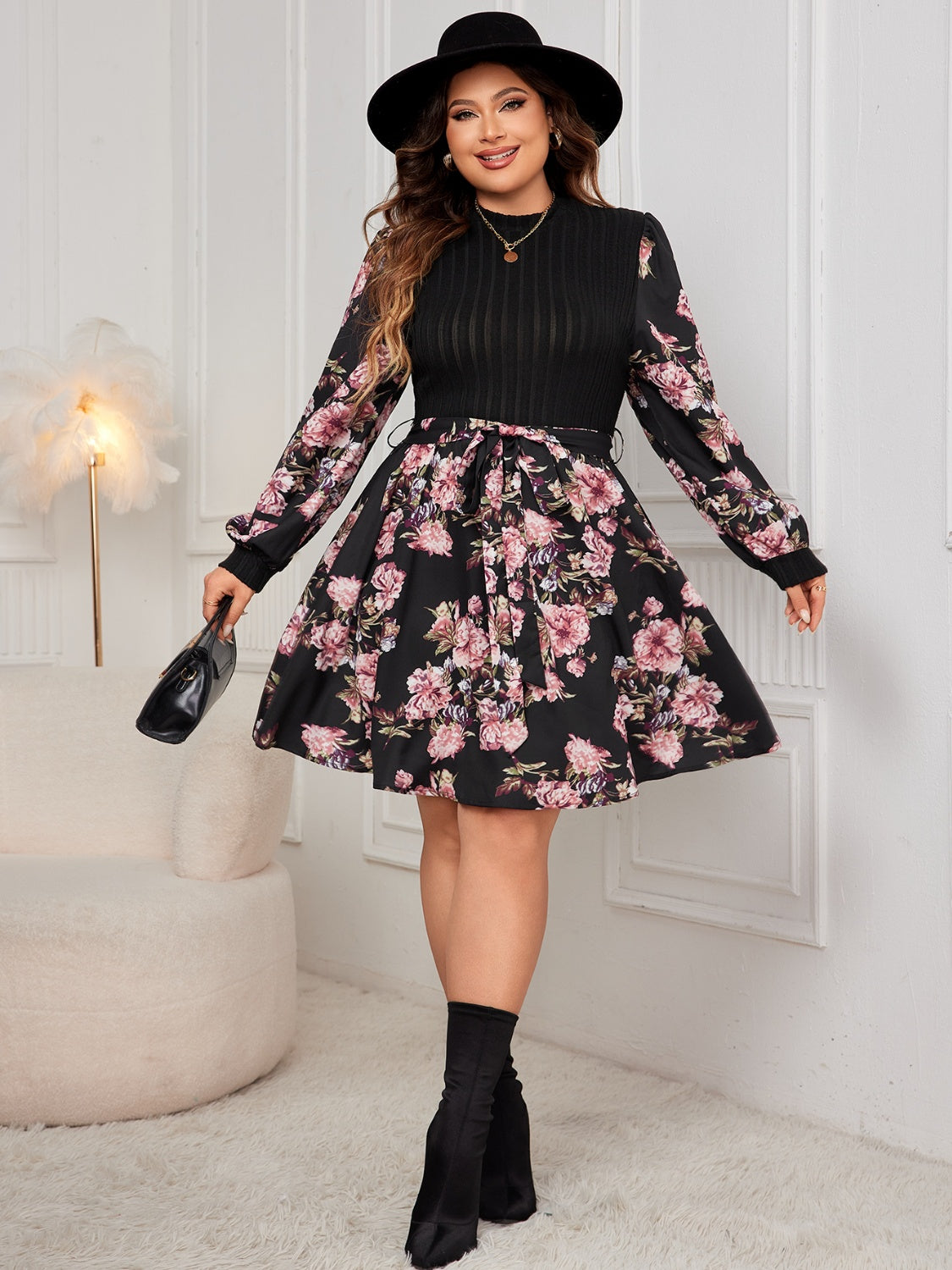 Plus Size Tied Printed Long Sleeve Dress