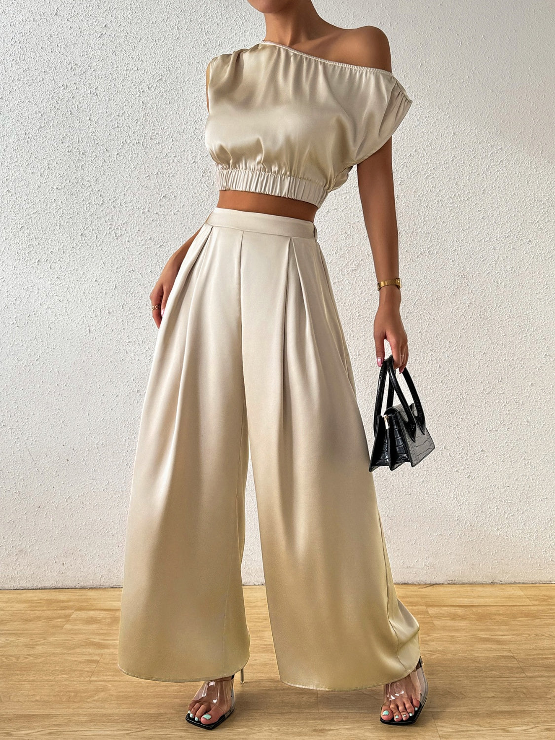 Honey One Shoulder Short Sleeve Top and Wide Leg Pants Set