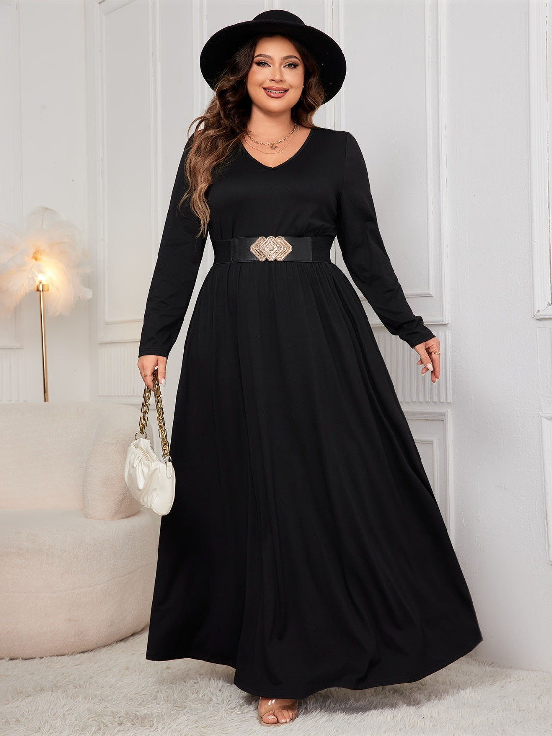 Cutout V-Neck Long Sleeve Maxi Dress