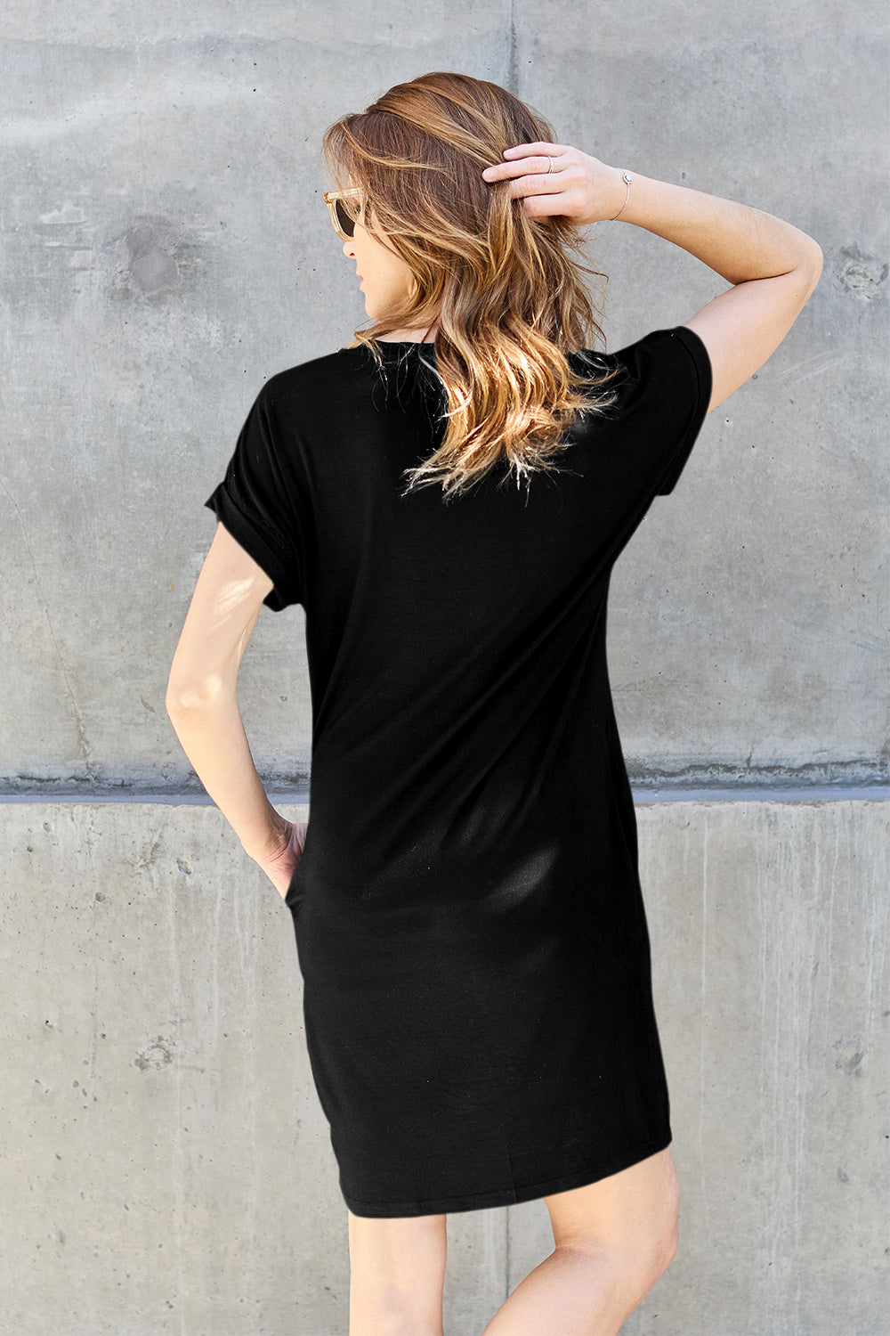 Round Neck Short Sleeve Dress with Pockets